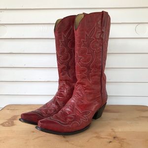 Corral Red Leather Snip Toe Western Boots Womens 12M R1952 Embroidered *FLAWS*